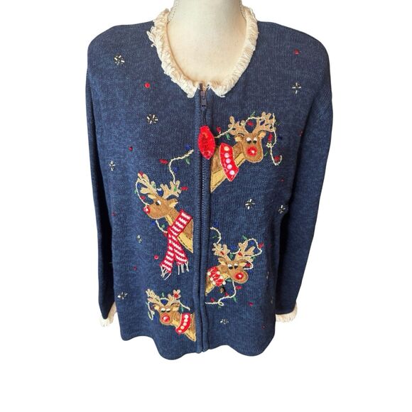 Heirloom Collectibles Women's Christmas Reindeer Rudolph Full Zip Sweater M VTG - Picture 1 of 4